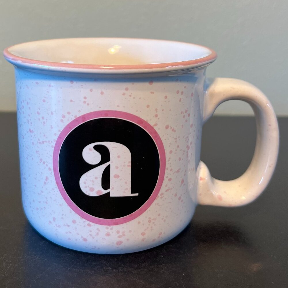 CLAY ART Letter "A” Initial Monogram Camping Stoneware  Mug with  Pink Speckles